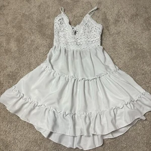 White Mini Dress, A Line, Crochet Lace Top, Tierred Skirt, Backless Tie, S - Picture 1 of 4