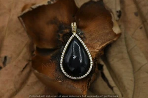 10Ct Pear Cut Black Onyx & Diamond Unique Charm Pendant in 14K Yellow Gold Over - Picture 1 of 6