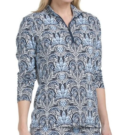 NWT TOMMY BAHAMA Blue Black Stamped Palm Long Sleeve Golf Tennis Shirt S M L XL - Imagem 1 de 1