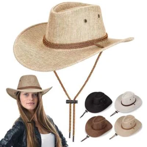 Unisex Western Cowboy Fedora Sun Hat Wide Brim Linen Mesh Outdoor Bucket Cap - Picture 1 of 30