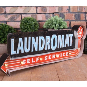 Vintage LED Light Metal Hanging Sign LAUNDROMAT Laundry Shop Art Wall Decoration - Picture 1 of 12