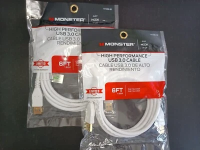2x Monster 6FT 1.82M High Performance USB 3.0 Datacom Cable (White) MALE TO MALE - Image 1 of 3