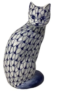 Vintage Andrea Sadek handbemalte Katzenfigur blau & weiß Netzmuster Thailand  - Bild 1 von 5