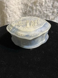 Genuine Incolay Stone Jewelry Box Courtly Fountain Scene Blue Hinge Back - Picture 1 of 6