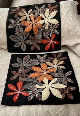 Pair(2)  Pier 1 Satin Throw Accent PILLOW COVERS 17” Square Applique Embroidery - Image 1 of 4