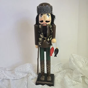 Camo Hunter Nutcracker Vest Fur Hat Christmas Holiday 15” Missing Nose - Picture 1 of 7