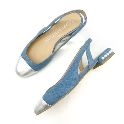 Stuart Weitzman Denim Perla Slingback Planos Talla 6 Plata Puntera Hecho en España Foto 1 de 4