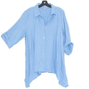 NWT Top Linen Coastal Grandma Cottage Minimalist Asymmetrical Hem Button Blue XL - Picture 1 of 7