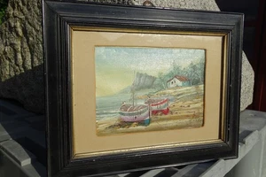 kl. ÖLBILD-HAFENSZENE aus ITALIEN? signiert ca1950 Öl auf Leinen im Rahmen Boote - Imagen 1 de 17