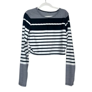 Vitamin A Rash guard XS Black Gray White Striped Long Sleeve Cropped Swim Top - Picture 1 of 10