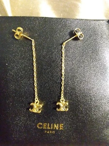 Celine Paris Gold Hanging Chain Earrings Maillon Triomphe Drop Logo Cc Chain - Picture 1 of 7