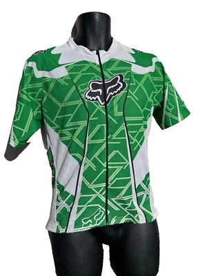 Jersey de ciclismo Fox cremallera completa verde y blanco con logotipo de cabeza de zorro 3 bolsillos 1 bolsillo con cremallera Foto 1 de 4