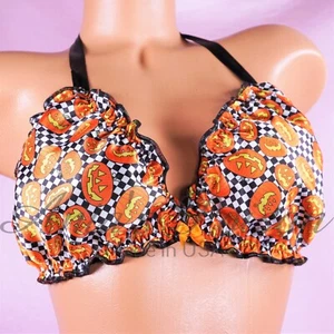 Halloween Sissy Satin Orange Pumpkin checkered top Tie On triangle one size bra - Picture 1 of 6
