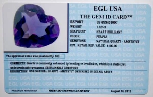 EGL USA CERTIFIED HEART BRILLIANT PURPLE NATURAL QUARTZ - AMETHYST 1.42CT, $100 - Picture 1 of 3