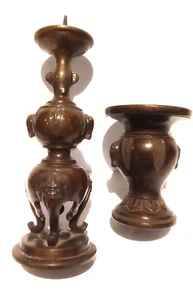 Late 19thc Japanese Meiji Dynasty bronze altar set vase and Pricket - Picture 1 of 19