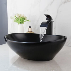 Lavabo de cerámica de porcelana negra FA lavabo de baño con grifo mezclador negro - Imagen 1 de 15