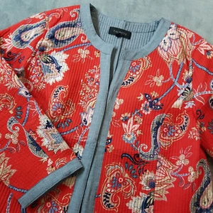 Talbots Women's Quilted Jacket Red/Blue Floral Paisley 3/4 Sleeve Size Large - Picture 1 of 15