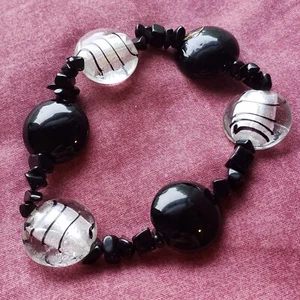 Black Onyx Round Lampwork Glass Pinstripe Chunky Stretch Bracelet Vintage BR2 - Picture 1 of 7