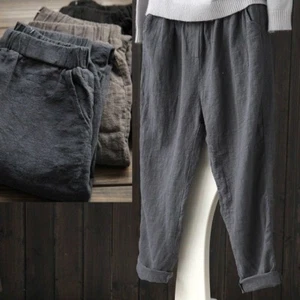 Plus Size Women Cotton Linen Harem Pants Baggy Casual Trousers Elastic Waistband - Picture 1 of 15