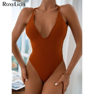 Sexy Traje de Baño de Una Pieza Cuello en V Acanalado Sin Espalda Mujeres Traje de Baño Corte Alto Monokini - Imagen 1 de 11