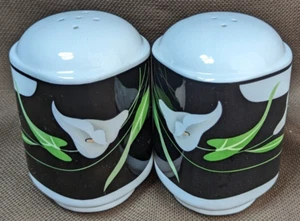 Vintage Black Lilies (Quadrille) by SANGO Salt & Pepper Shakers Set Pair 80's - Picture 1 of 10