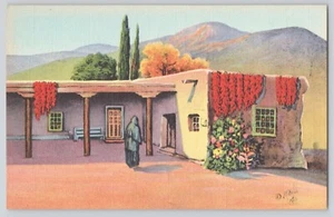Postkarte New Mexico Albuquerque Mexikanisches Haus alt Kolonial Spanisch Vintage Leinen - Bild 1 von 2