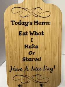 Kitchen Humor Menu Bamboo Paddle Handle Cutting Board 15 X 7 In. X .31 In - Picture 1 of 4