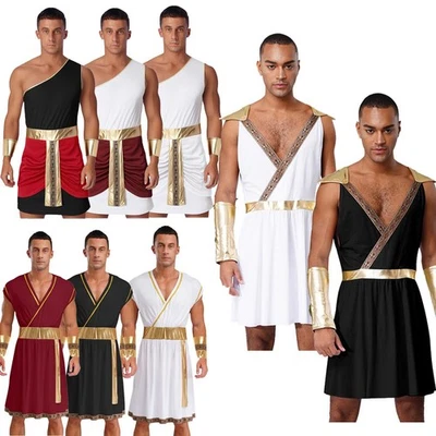 Para Hombres Batas de Guerrero Griego Disfraz Romano Juego de Rol Trajes Borde Dorado Túnica Toga Foto 1 de 4