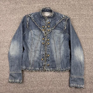 Vintage Rave Jean Jacket Womens Medium Blue Denim Frill Panel Chic Y2K - Picture 1 of 7