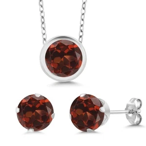 3.00 Ct Round Red Garnet 925 Sterling Silver Pendant Earrings Set - Picture 1 of 2