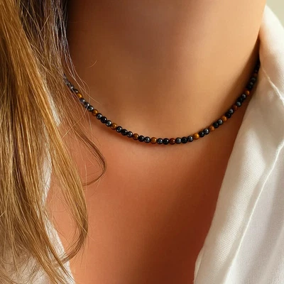 Triple Protection Stone Choker Obsidian Tiger Eye Hematite Beads Woman Necklace - Image 1 of 4