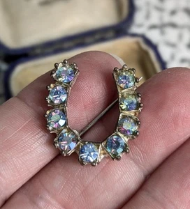 40s 50s Vintage Silver Tone Lucky Horse Shoe Brooch Aurora Borealis Crystals - Picture 1 of 5