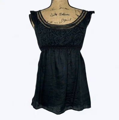 Sophie Max Linen Babydoll Tank Top Size M Black Sculpted Floral Boho Romantic - Image 1 of 4