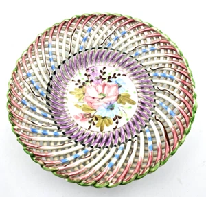 VTG Spanish Porcelain Woven Twig Style Basket Style Bowl Hand Painted Colors - Picture 1 of 5