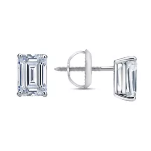 G/VS 2 Ct Emerald Lab Grown Diamond Stud Earrings Real 14K White Gold Screw Back - Picture 1 of 6