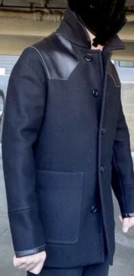 Mens COACH Navy Blue Leather  And Wool Coat Large - Image 1 of 4