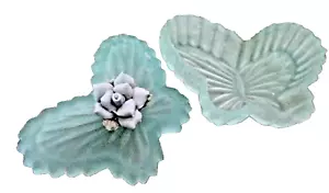 Ring Trinket Box BLUE FROSTED Glass "Butterfly" Hand Made PINK Rose Accent - Picture 1 of 14
