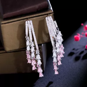 Cluster Silver Plated CZ Pink Long Dangle Tassel Drop Earrings Fashion Jewelry - Afbeelding 1 van 12