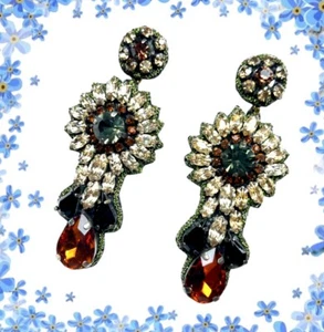 Deepa Gurnani  Crystal  Chandelier Earrings HandMade Leather  Flower Rhinestone - Picture 1 of 10