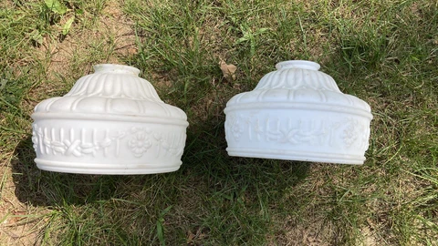 Pair of Antique White Satin Glass Lamp Light Shade 2 1/4" Fitter Salvage 7" Dia Cover
