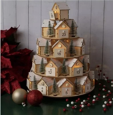 Hobby Lobby Light Up 5 Tier Wooden Village Rotating Advent Calendar Christmas - Image 1 of 4