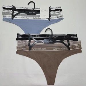 Calvin Klein Damen-Tanga Large 6 Paar Höschen Unterwäsche Spellout braun blau neu mit Etikett - Bild 1 von 10