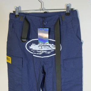 Corteiz Guerillaz Cargo Pants Mens Medium Blue White Graphic Belted New - Picture 1 of 9