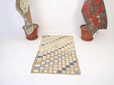 2x4 Turkish Handmade Accent Rug Beige Blue Floral Muted 2.4x4.3 ft - Image 1 of 4