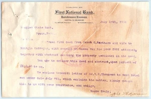 Letterhead First National Bank Hutchinson to Peoples Bank Pratt KS 7/15 1902 - Picture 1 of 2