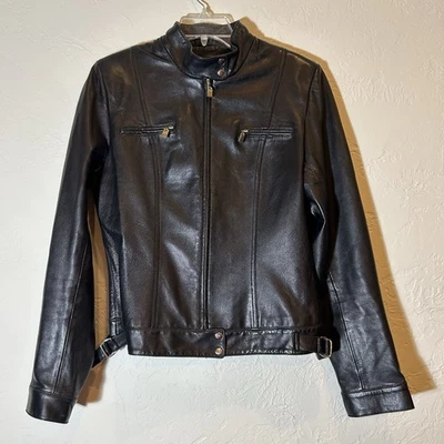 Hugo Buscati 100% Leather Moto Jacket Black Zip Front Women’s M Tall - Image 1 of 4