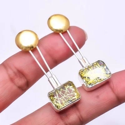 Golden Rutilated Quartz 925 Sterling Silver Two Tone Earring 1.87" E65 - Image 1 of 4