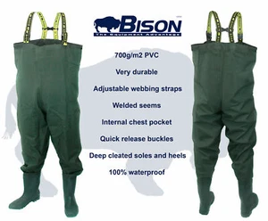 BISON HEAVY DUTY PVC / NYLON CHEST WADERS 700 gr/ms SIZES 7 8 9 10 11 0R 12 - Picture 1 of 7