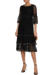 MAJE Roso Tiered Eyelet-embellished Guipure Lace Dress Black SZ 3 - Picture 1 of 5