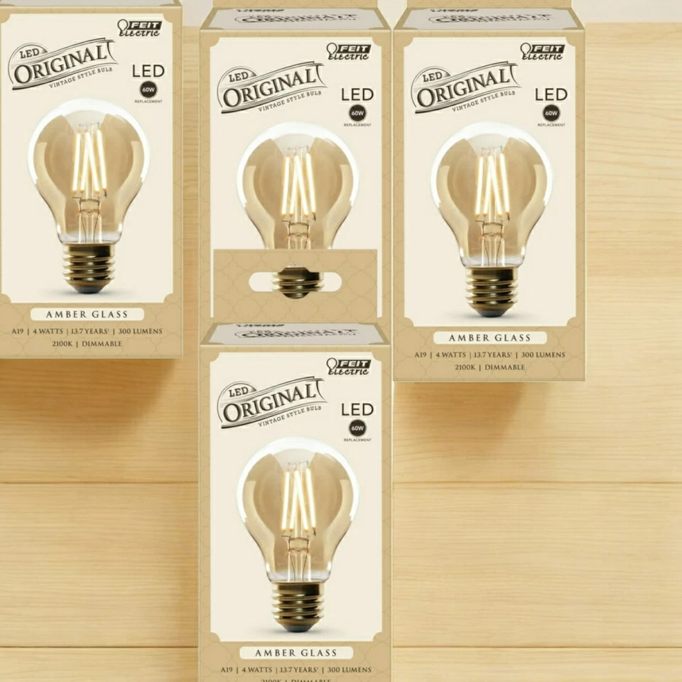 (4) NEW Feit Electric Vintage Style 60W AT19 Bulb Amber Glass  Dimmable - Image 1 of 1